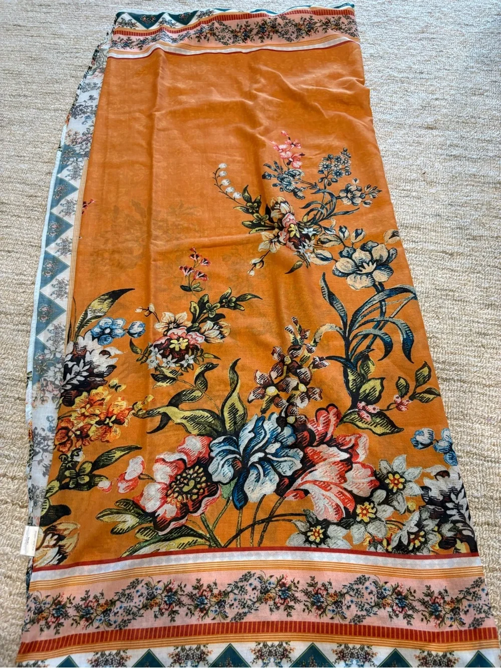 Agua Bendita Orange Floral Silk-Blend Scarf with Blue & Green Accents